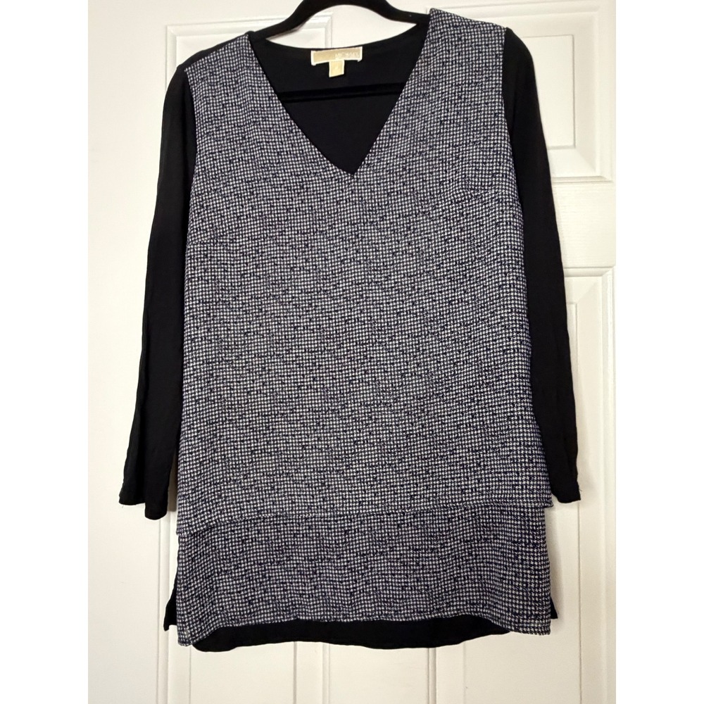 Michael Michael Kors Women Black Tweed Mixed Media V-Neck Tunic Top Size M
